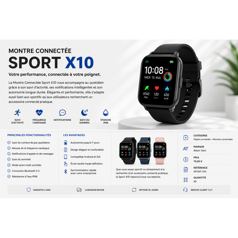 Montre Connectée Sport X10 - Suivi activité, GPS et notifications
